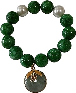 Heavens Tvcz Natural Green Jade Round 14 mm Gems Healing Energy Real Bracelet Bangle for Women Charms with Pendant Jade Coin Donut Money Powerful Thai Prosperity Success, Elastic Rope Inner Lenth