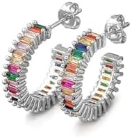 Women's Multicolor Cubic Zirconia Rainbow Hoop Earrings with Push-back, 14K Gold Plated Brass