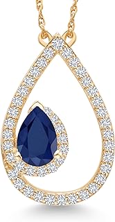 Elegant 10K Yellow Gold Teardrop Pendant Necklace with Sapphire and White Lab Grown Diamond (0.72 cttw, Pear Shaped 6x4mm) September Birthstone Jewelry with 18-Inch Cable Chain and Spring Ring Clasp
