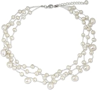 NOVICA Artisan Cultured Freshwater Pearl Choker Necklace | Artisan Crafted Stainless Steel Choker | Handmade Choker Necklaces | Pearl Choker Necklaces | Jewelry for Women from Thailand 'Moonlight
