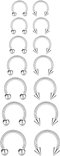 14Pcs 14/16/18/20Gauge 6/7/8/9/10/12/14mm Surgical Steel Horseshoe Septum Nose Ring Hoop Set, Externally Threaded Circular Curved Barbell Body Piercing Jewelry for Lip Eyebrow Nipple Daith Tragus Helix Cartilage Rook Multiple Piercing ( Ball + Spike Cone)