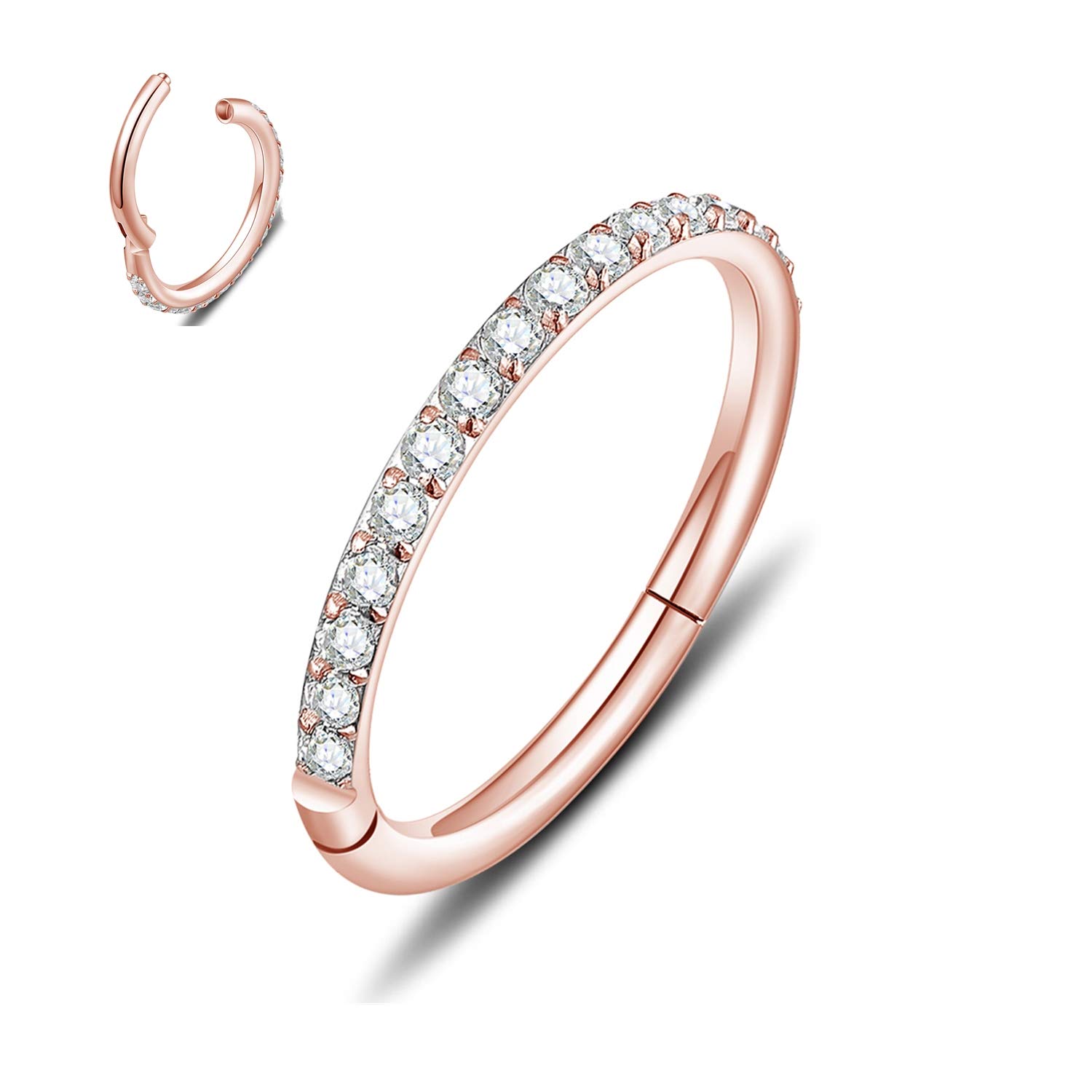 MissNity 20G, 18G, 16G, 14G Hinged Nose Rings Hoop with Gem in 316L Surgical Steel, Septum Clicker Cartilage Earrings Conch Daith Helix Rook Ear Lobe Piercing Jewelry, Diameter 6mm to 12mm