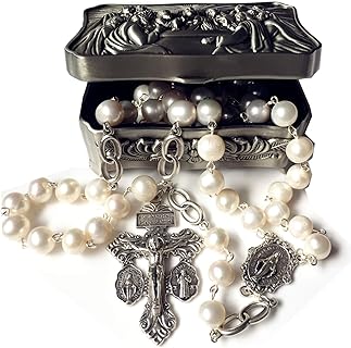 elegantmedical Handmade Silver White Pearls Bead Necklace Lasso Wedding Rosary Cross Crucifix Catholic gift