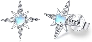 Star Shaped Sterling Silver Stud Earrings with Moonstone & Cubic Zirconia Gems for Women and Girls - Push Back Design
