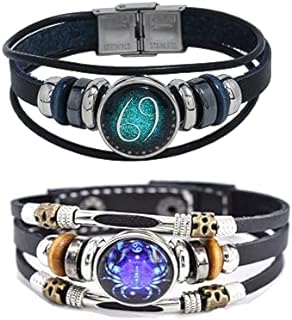 2-Pc Zodiac-Themed Leather Beaded Bracelets with Buckle Clasp for Men and Women - Constellation Woven Wrap Wristband Set