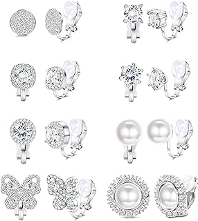 SAILIMUE 8 Pairs Cubic Zirconia Clip on Earrings for Women Non Piercing Silver Faux Pearl CZ Butterfly Earrings Hypoallergenic Non Pierced Clip on Earrings Set