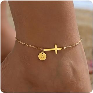 Women's Personalized Mauzew Gold Cross Anklet, Initial Disc, Waterproof Stainless Steel, Box Chain with Lobster Claw Clasp - USA-Made Summer Beach Jewelry