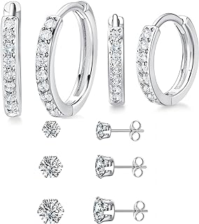 MDFUN Hoops Huggie Stud Earrings Set 14K White Gold Plated Cubic Zirconia Earring for Women Pack of 2/5 Pairs