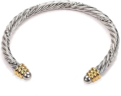 Snap Clasp Two-Tone Bangle Bracelet with Cubic Zirconia for Women, Stainless Steel Adjustable Vintage Jewelry, Box and Cable Chain Design