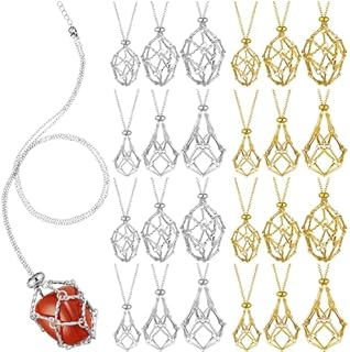 24 Pcs Crystal Cage Necklace 3 Sizes Crystal Stone Holder Necklace Gold Silver Adjustable Metal Crystal Cage Necklace Empty Pendant Net Crystal Cage Necklaces for Women Men