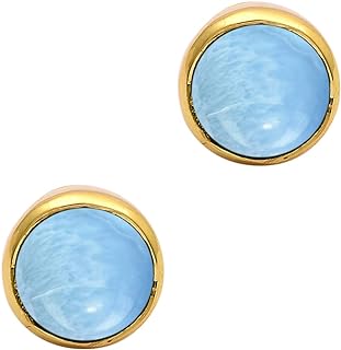 Larimar Stud Earrings with Push Back for Women: Round Shaped Solitaire Design in 925 Sterling Silver Yellow Gold Plated