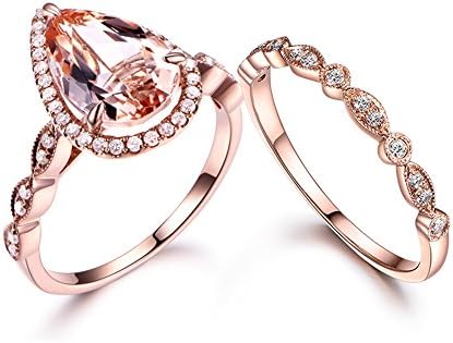 Diamond and Pink Morganite Pear Cut 14K Rose Gold Engagement Ring with Marquise Milgrain Bridal Band Design