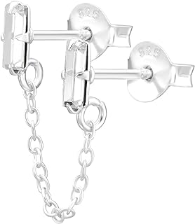 925 Sterling Silver Crystal Baguette Double Stud Earrings with Connecting Chain