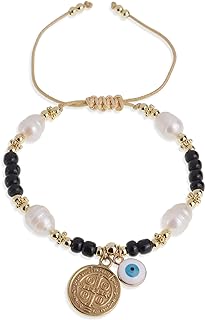 Adjustable Evil Eye Brass Beaded Bracelet for Women and Girls with No Gemstone in Turquoise Design