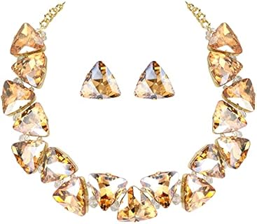 BriLove Women's Sparkly Crystal Statement Necklace and Earrings Set with Lobster Clasp - Art Deco Triangle Design