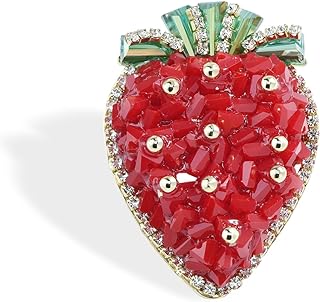 Women's Red Natural Gemstone Cherry Brooch Pin Crystal Enamel Leaf Lapel Pin Hat Pins