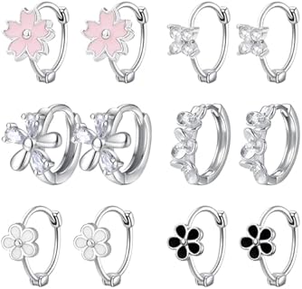 Cubic Zirconia Daisy Hoop Earrings with Hinged Hoop Back, Stainless Steel & Copper Design for Women and Girls - 6 Pair Set