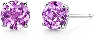 Peora Solid 14K White Gold Created Pink Sapphire Solitaire Stud Earrings for Women, Hypoallergenic 2.25 Carats total Round Shape AAA Grade, September Birthstone, Friction Backs