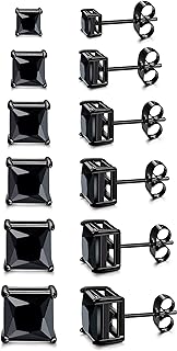 Unisex ORAZIO Square Stud Earrings with Push Back, Stainless Steel & Cubic Zirconia, 5 inches Wide, Available in Sizes 3MM-8MM