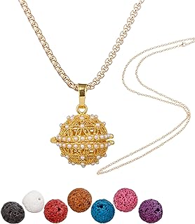 Essential Oil Diffuser Necklace Gold Chrysanthemum Peals Copper Aromatherapy Pendant Locket with 7pcs Lave Rocks Stone and 2pcs 27 Inch Gold Chain Jewelry for Women TeenGirls