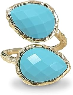 Double Stone Teardrop Turquoise Western Wedding Rings with Gold Plated Copper for Women and Men, Bohemian Design