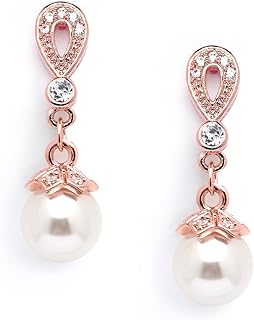 Mariell 14K Rose Gold Plated Vintage Wedding Glass Pearl Drop Clip On Earrings for Brides with CZ