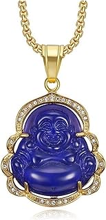 Smiling Laughing Buddha Pendant Green Jade Buddha Necklace Gold Color Link Chain Iced Out Bling Crystal Guanyin Amulet Necklace for Women Mom Jewelry