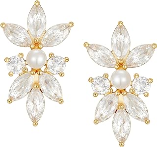 SWEETV Marquise Cubic Zirconia Wedding Bridal Stud Earrings for Brides Bridesmaids, Crystal Pearl Rhinestone Stud Earrings for Women Prom Party Jewelry Gifts