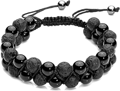 Top Plaza Men Women 8mm Lava Rock Stone Aromatherapy Essential Oil Diffuser Bracelet Braided Rope Natural Stone Yoga Beads Bracelets - Black Agate Onyx