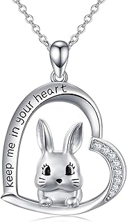 Sterling Silver Bunny Pendant Necklace with Lobster Clasp, Cable Chain and Cubic Zirconia for Women - Adorable Rabbit Heart Design