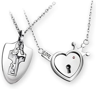 His & Hers Matching Set Stainless Steel Couple Necklace Love Heart Lock and Key Pendant Necklace