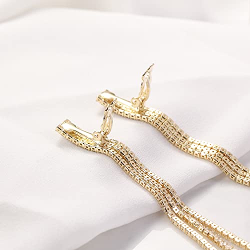YOQUCOL Boho Tassel Chandelier Clip On Earrings CZ Crystal Long Drop Dangle Chain Bohemian Not Pierced Earrings For Women Girls