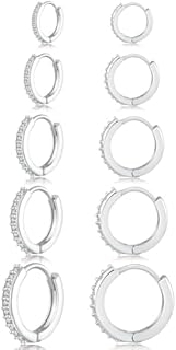 Senteria 925 Sterling Silver Hoop Earrings 5 Pairs Small Silver Hoop Earrings Hypoallergenic Silver Hoop Earring for Women Cubic Zirconia Cartilage Sleepers Huggie Earrings Sets 8/10/12/14/16mm