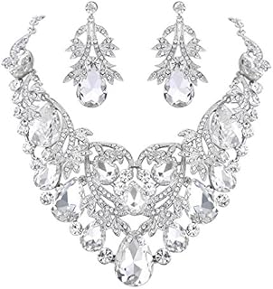 BriLove Women's Bohemian Boho Crystal Teardrop Filigree Leaf Hollow Statement Necklace Dangle Earrings Set