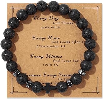 Gemstone Natural Stone Beaded Cross Crucifix Bracelet Elastic Rope Catholic Religious Christian Bracelet for Men God Friend Girl Boy Teen Handmade Protection Jewelry Easter Baptis Gift