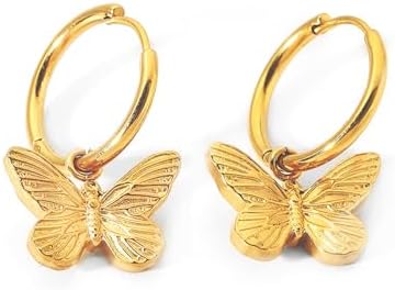 Butterfly Drop Dangle Hoop Earrings Gold Stainless Steel Huggie Earrings Non Tarnish Hypoallergenic Cuff Earrings for Women Teen Girls Cute Animal Ear Jewelry Gift
