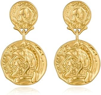 Vintage-Style Gold Disc Drop Earrings, Push Back Brass Women's Statement Jewelry, Round Coin Dangle Design
