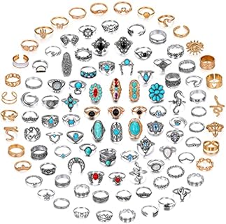 Kigeli 105 Pcs Vintage Turquoise Rings for Women Stackable Joint Silver Knuckle Finger Boho Crystal Rings Set Carved Flowers Gold Ring with Storage Bag for Gift