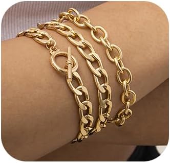 Gold Alloy Flat Bangle Bracelets with Lobster Claw Clasp and Cuban Chain Detail, Set of 3 for Women and Girls - Punk Boho Design