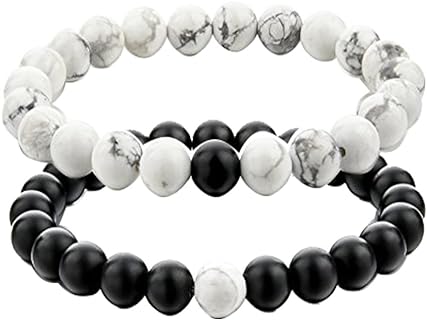 UEUC Distance Couple Bracelet His and Hers Black Matte Agate & White Stone 8mm Beads Bracelet
