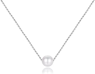 Single Pearl Necklace for Women 925 Sterling Silver Freshwater Cultured 6.5mm - 7mm Pearls Choker Genuine Floating Pearls Necklaces Real Round White