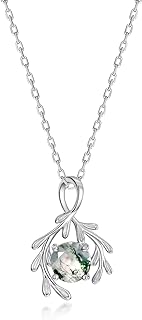 WES Necklace for women, Natural Moss Agate 925 Sterling Silver Leaf Pendant Necklace For Birthday Green Gems Engagement Wedding Jewelry Gift