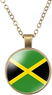 Zinc Alloy Jamaica Bead Necklace with World Flags, Glass Gem for Men and Women, Circular Pendant Design