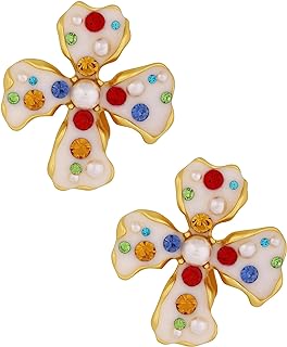 Clip-On Stainless Steel Stud Earrings, OJERRY Byzantine Medieval Renaissance, Gold-Plated Chunky Colorful Flower Design - Ideal Gift for Fashion-Forward Women in their 30s