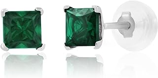 14k White or Yellow Gold Square Stud Earrings for Women with Princess Cut Gemstone 4 mm Birthstone and Push Backs by MAX + STONE