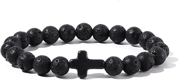 Caiyao 8MM Ornament Lava Volcanic Stone Beads Turquoise Cross Elastic Stretch Bracelet Religion Bangle for Women Men