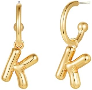 Push-Back, 18K Gold Plated Hoop Earrings by Apsvo - Stylish Balloon Initial Design for Women and Girls - Personalized Alphabet Name Earrings