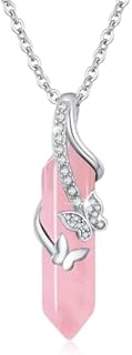 Sterling Silver Cable Chain Necklace with Pink Crystal Butterfly Pendant for Women, Lucky Hexagonal Healing Crystal Design
