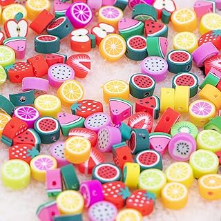 200PCS HSONAIGEE Polymer Clay Fruit Beads for Jewelry Crafting, Colorful Flat Round Design for Kids and Adults Bracelet Making