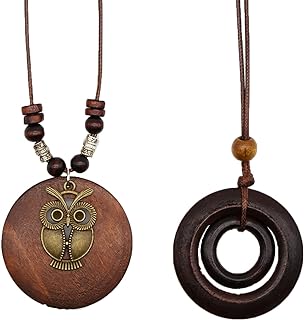 2 PCS Handmade Long Wax Rope Wooden Pendant Necklace Jewelry Gift for Women Girls